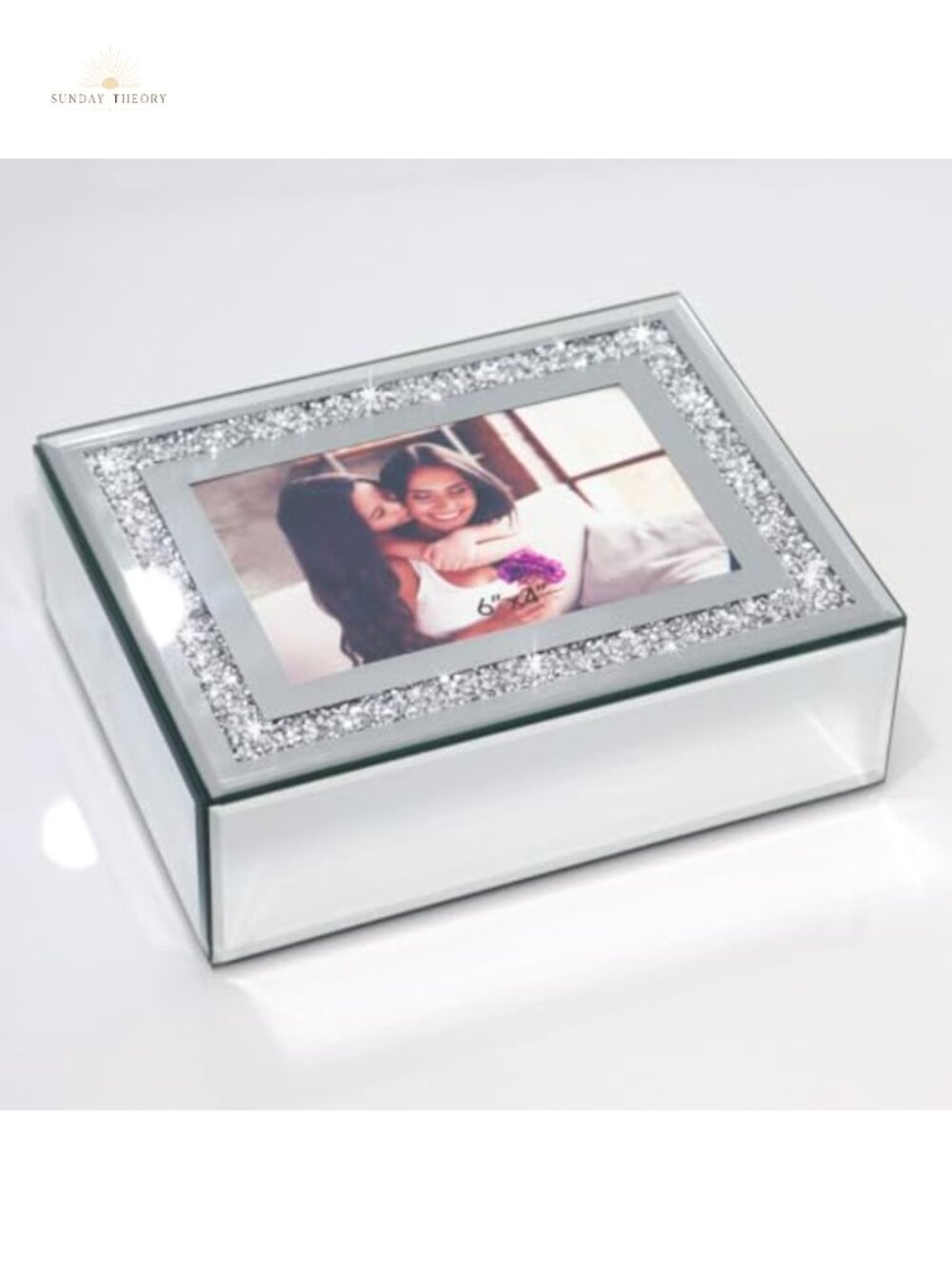 Mirrored Jewelry Box with Photo Frame, Crushed Diamond Inlay, Velvet Interior